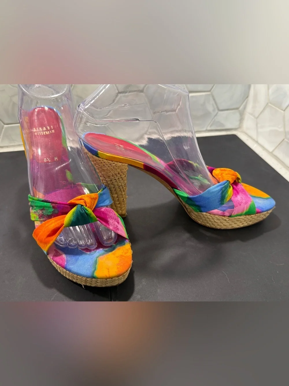 Stuart Weitzman RARE Not So Tropical Watercolor Knot Jute Platform Sandal Sz 8.5